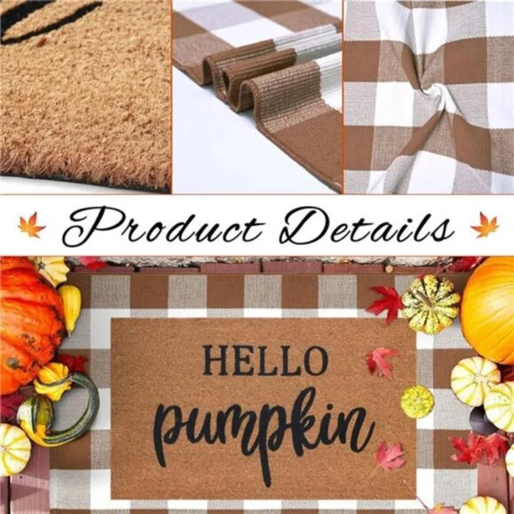 Fall Welcome Mat Set: Coco Coir Mat & 28x43 Coffee/White Plaid Rug -Autumn Decor